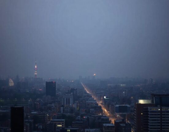 Panoramic view of Tehran skyline at night with a distant glow on the horizon after an explosion was reported.