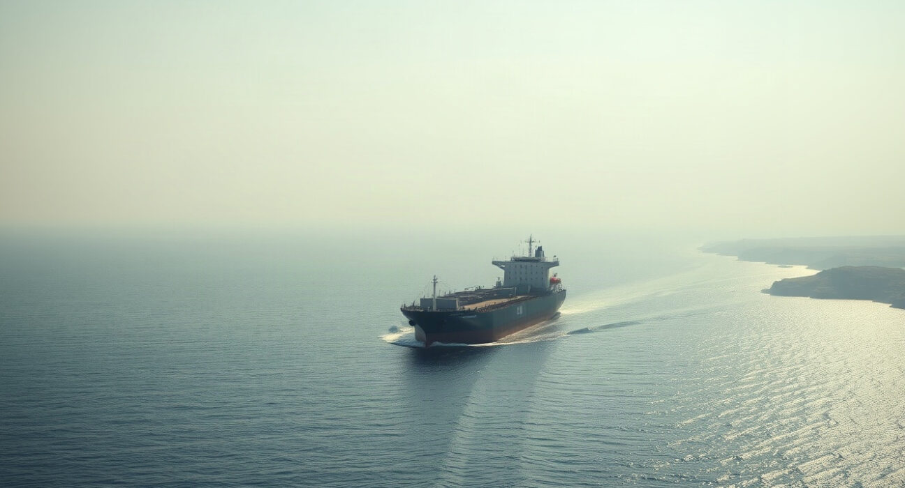Aerial view of a tanker in the Strait of Hormuz near the Iranian coast