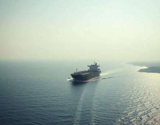 Aerial view of a tanker in the Strait of Hormuz near the Iranian coast
