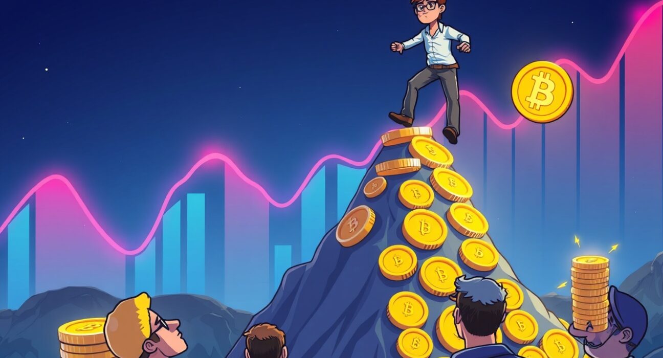 Cryptocurrency investor achieving exponential growth while climbing coin mountain