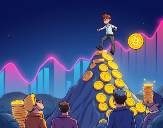 Cryptocurrency investor achieving exponential growth while climbing coin mountain