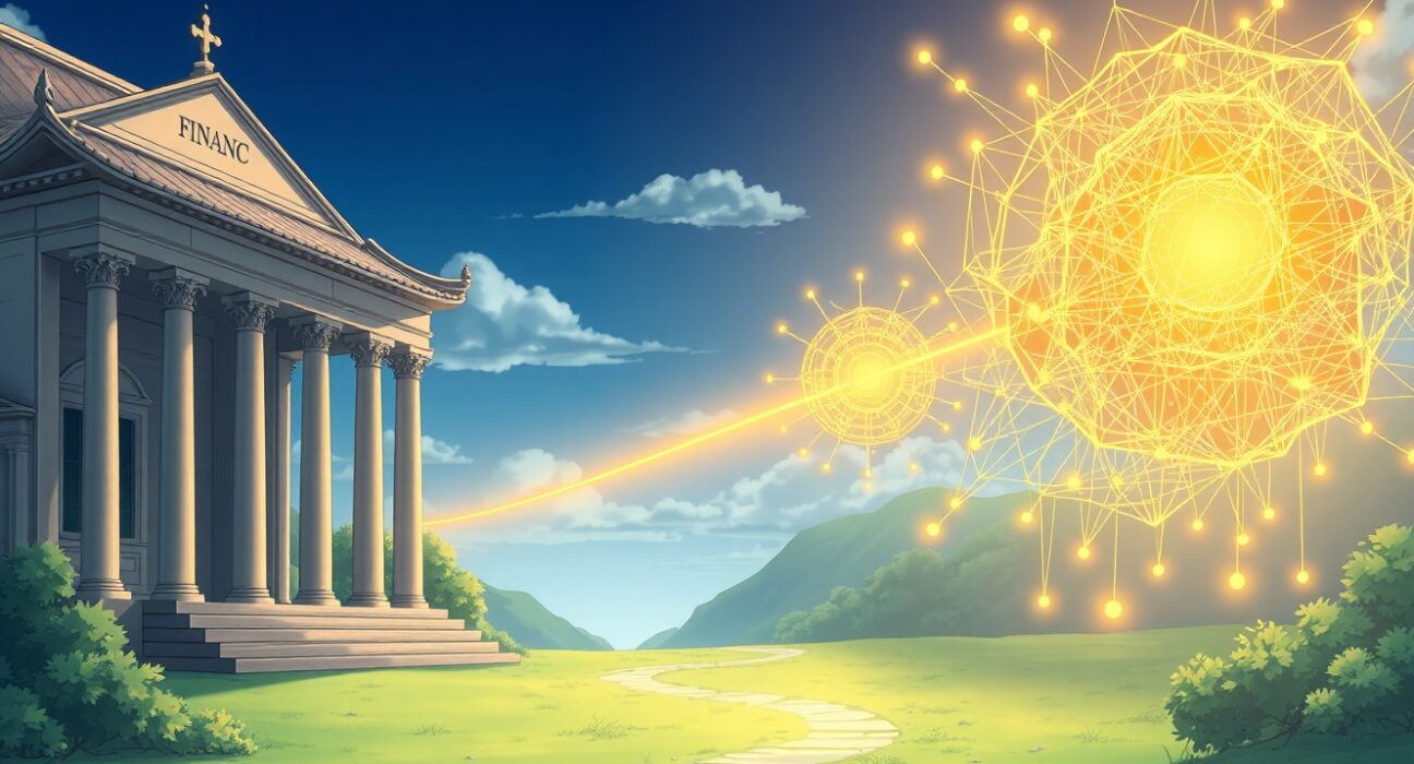 Conceptual art representing the tokenization of ETF shares, merging traditional finance with blockchain technology.