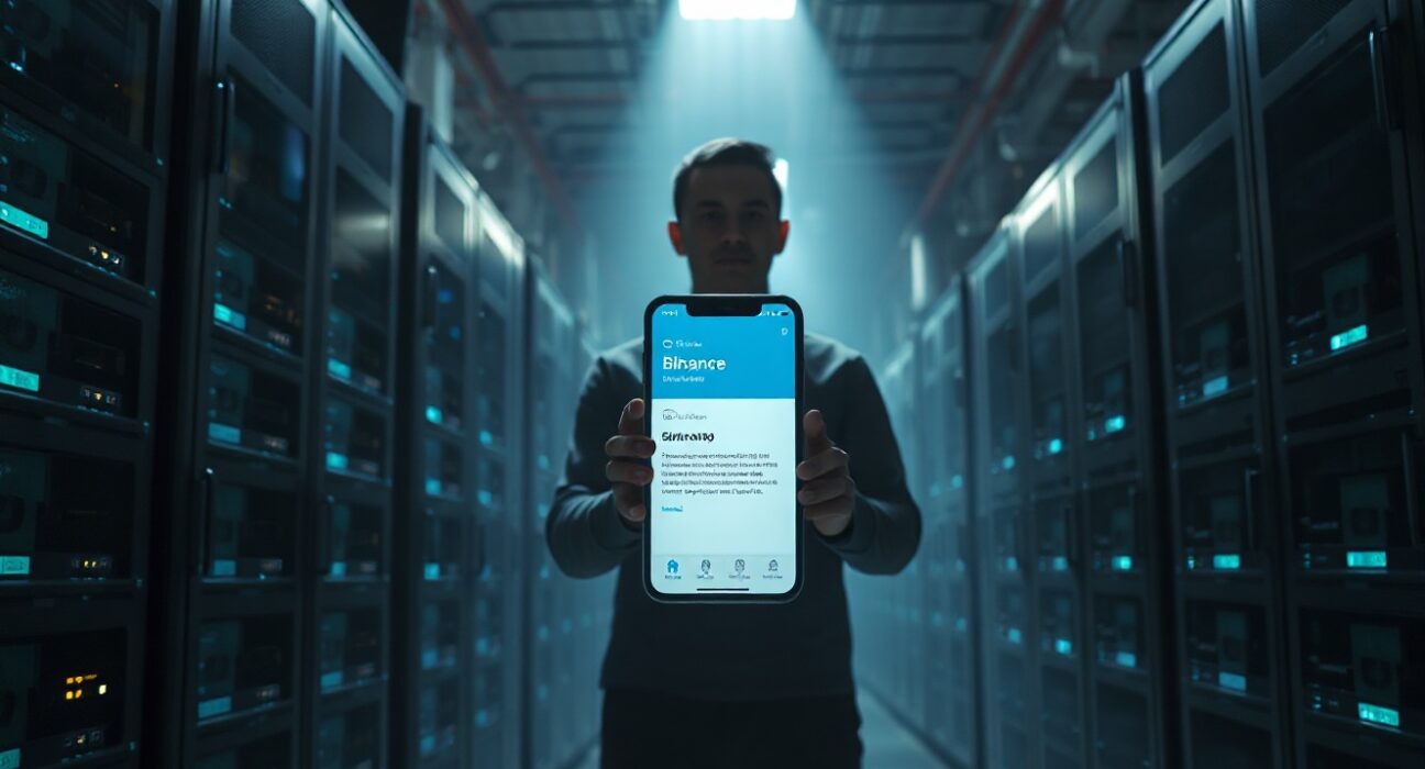 F2Pool co-founder Wang Chun holding phone with Binance withdrawal screen in a dimly lit crypto mining facility.