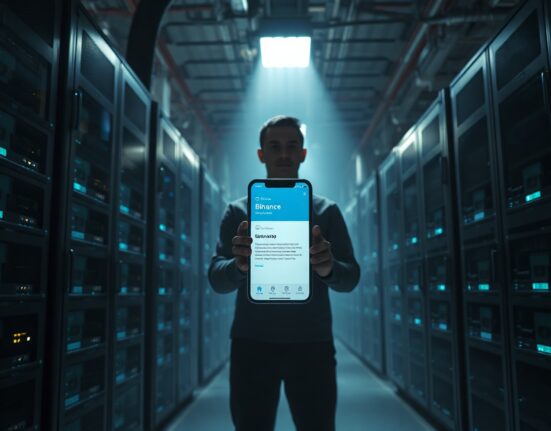 F2Pool co-founder Wang Chun holding phone with Binance withdrawal screen in a dimly lit crypto mining facility.