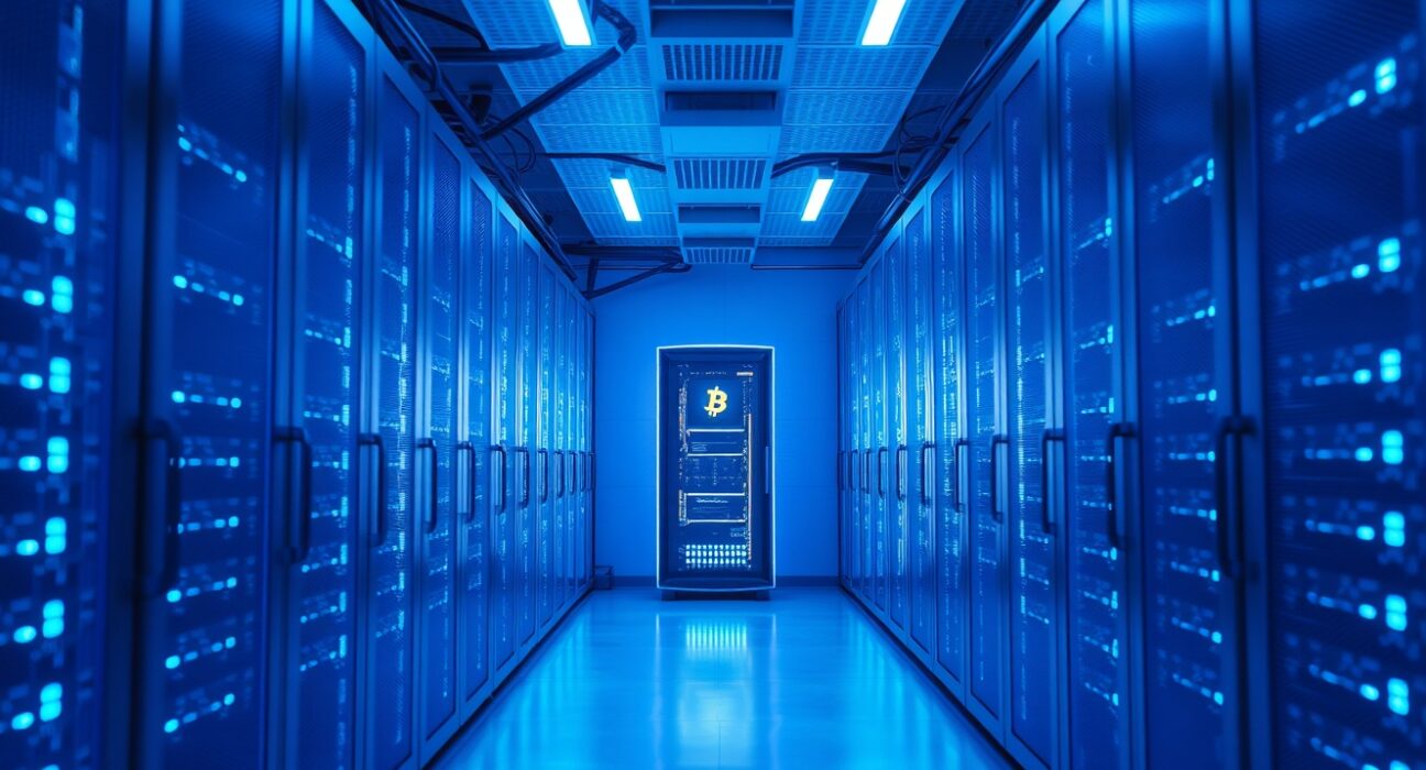 Interior of a modern Bitcoin mining facility with rows of mining rigs in blue light