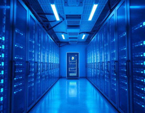 Interior of a modern Bitcoin mining facility with rows of mining rigs in blue light