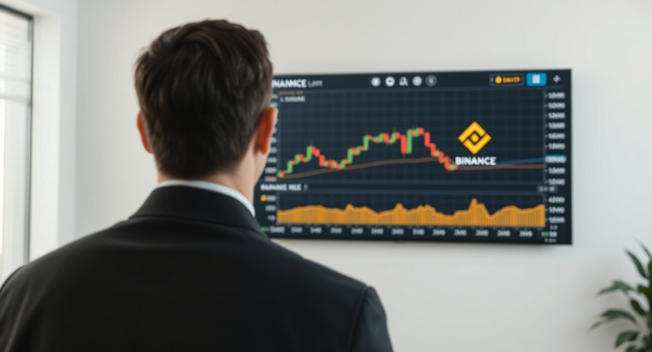 A professional office setting with a screen showing crypto exchange charts and a Binance interface, representing large cryptocurrency transfers.