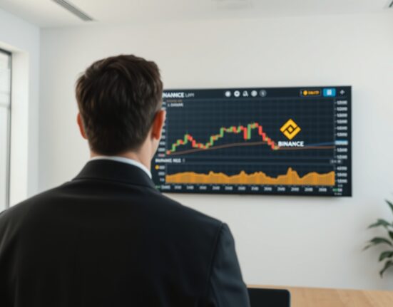 A professional office setting with a screen showing crypto exchange charts and a Binance interface, representing large cryptocurrency transfers.