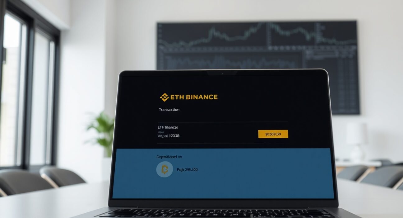 Laptop screen showing a Binance ETH deposit interface with a large transaction confirmation.