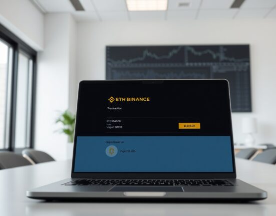 Laptop screen showing a Binance ETH deposit interface with a large transaction confirmation.