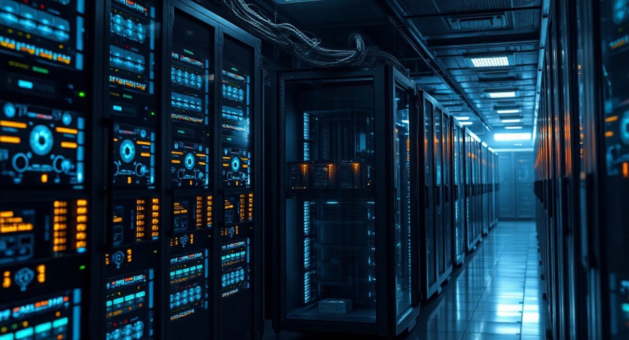 Interior of a large cryptocurrency mining data center with rows of server rigs.