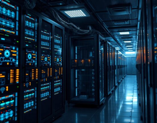 Interior of a large cryptocurrency mining data center with rows of server rigs.