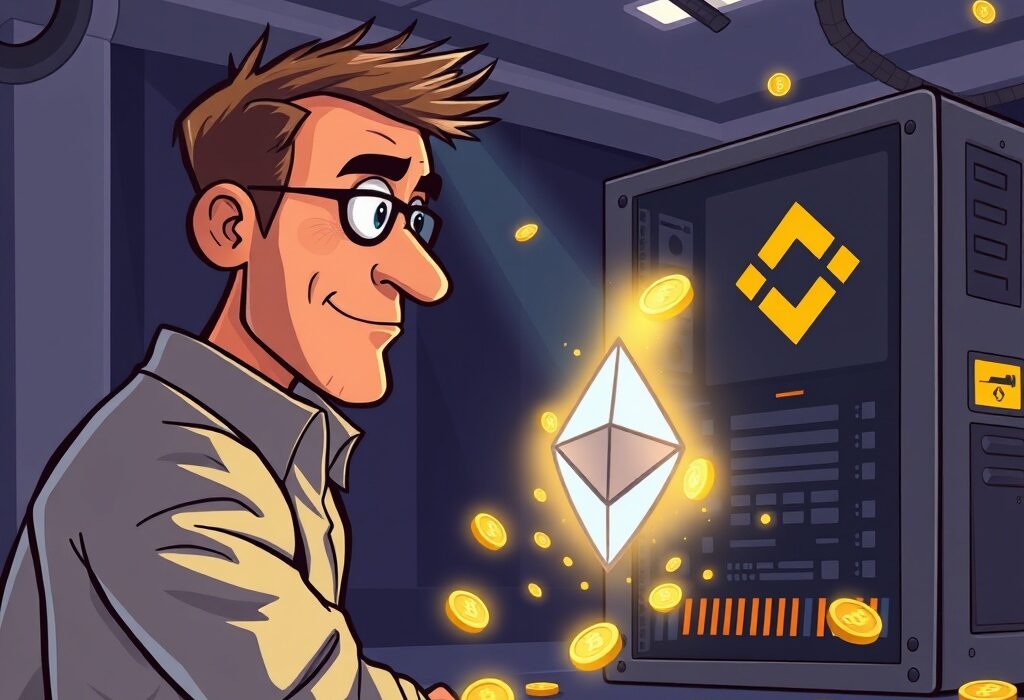 A cartoon illustrating a significant ETH transfer from a crypto mining co-founder to a major exchange, representing market strategy.