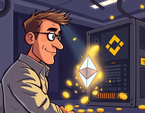 A cartoon illustrating a significant ETH transfer from a crypto mining co-founder to a major exchange, representing market strategy.