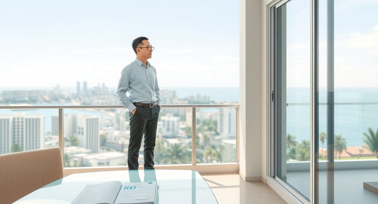 F2Pool founder contemplates cryptocurrency real estate investment loss from a Pattaya apartment balcony.