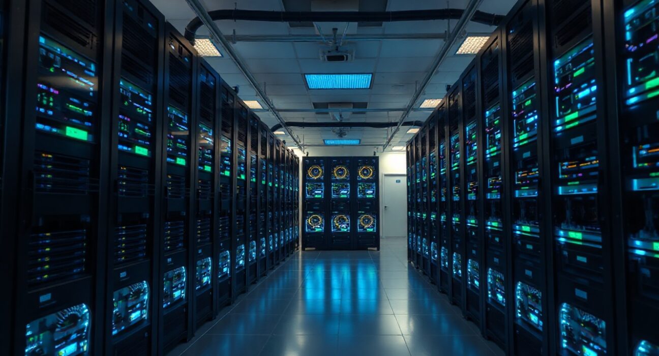 Interior of a cryptocurrency mining data center with rows of mining rigs.