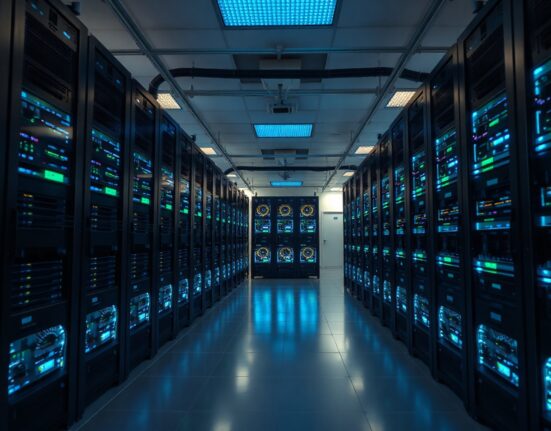 Interior of a cryptocurrency mining data center with rows of mining rigs.