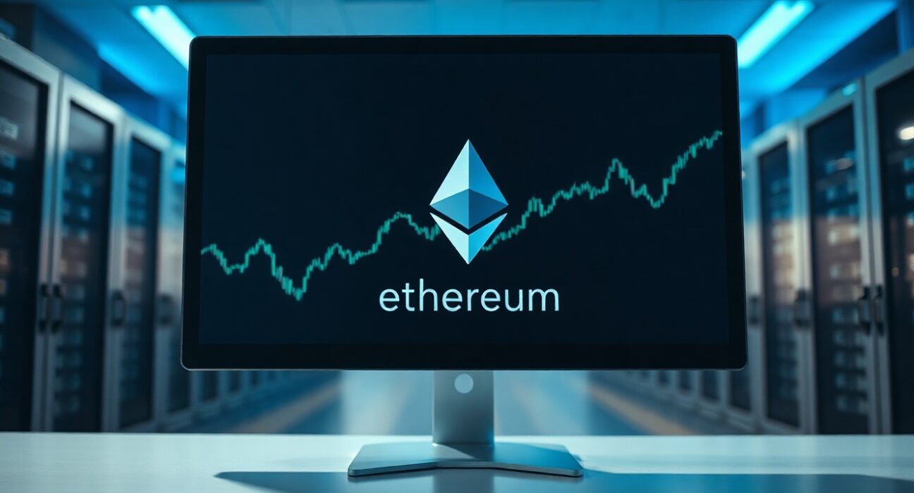 A computer monitor displaying the Ethereum logo in a modern financial data center setting.