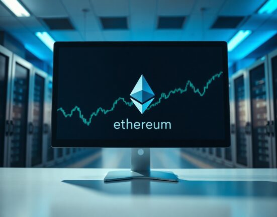 A computer monitor displaying the Ethereum logo in a modern financial data center setting.