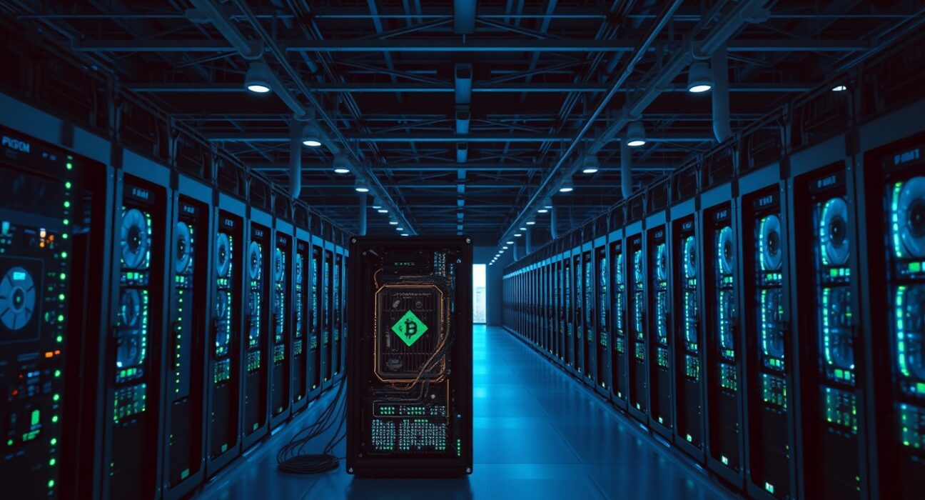 Interior of a large-scale cryptocurrency mining facility with rows of mining rigs emitting blue and green LED light.