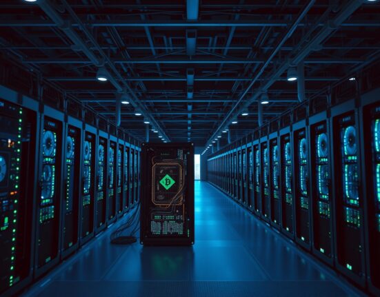 Interior of a large-scale cryptocurrency mining facility with rows of mining rigs emitting blue and green LED light.