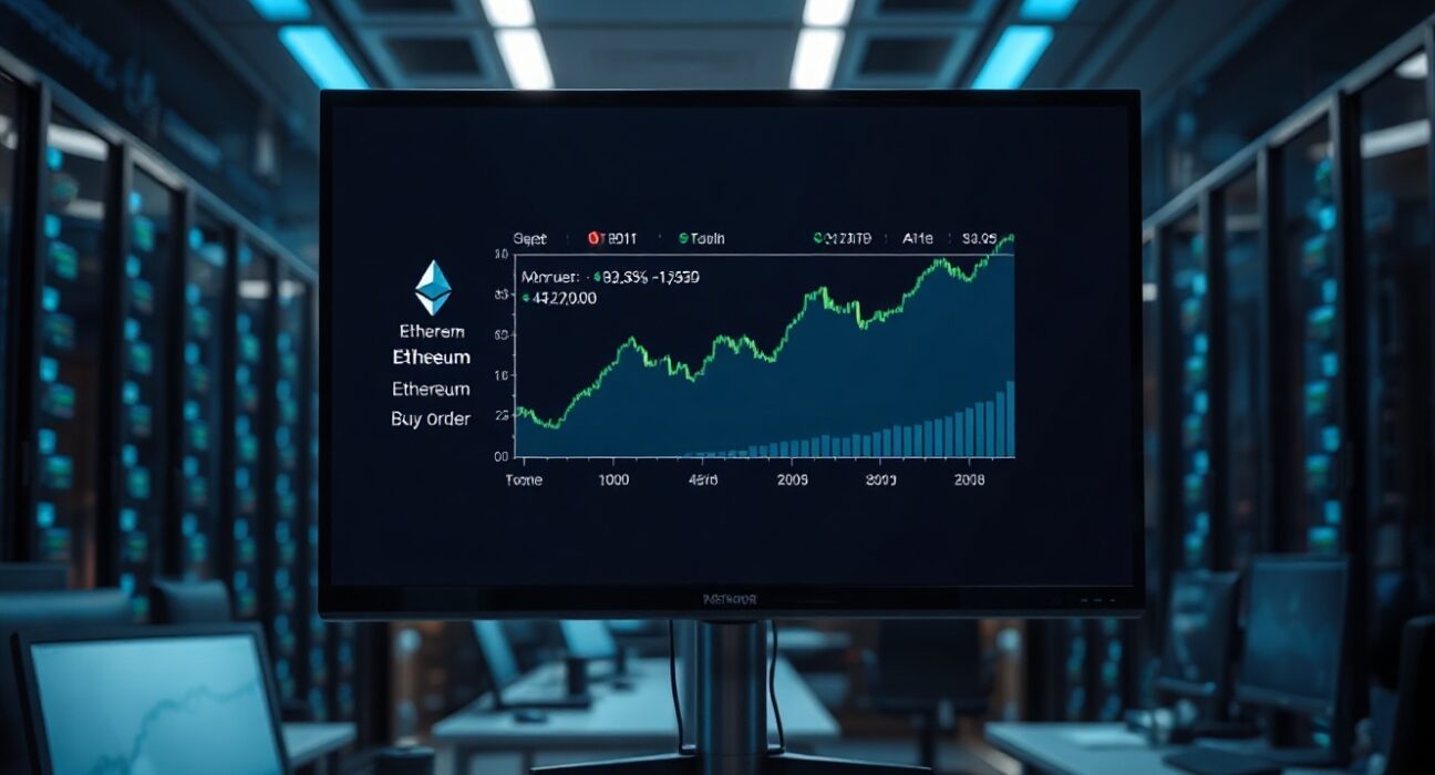 Monitor showing Ethereum buy order and price chart reflecting whale accumulation