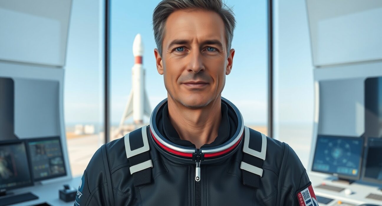 Chun Wang in spaceflight suit with SpaceX Starship in background
