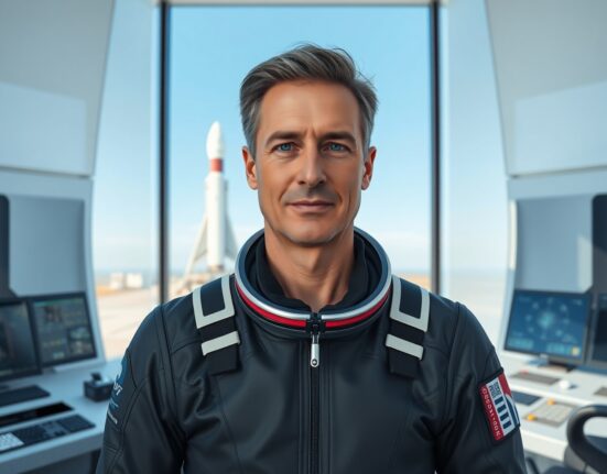 Chun Wang in spaceflight suit with SpaceX Starship in background