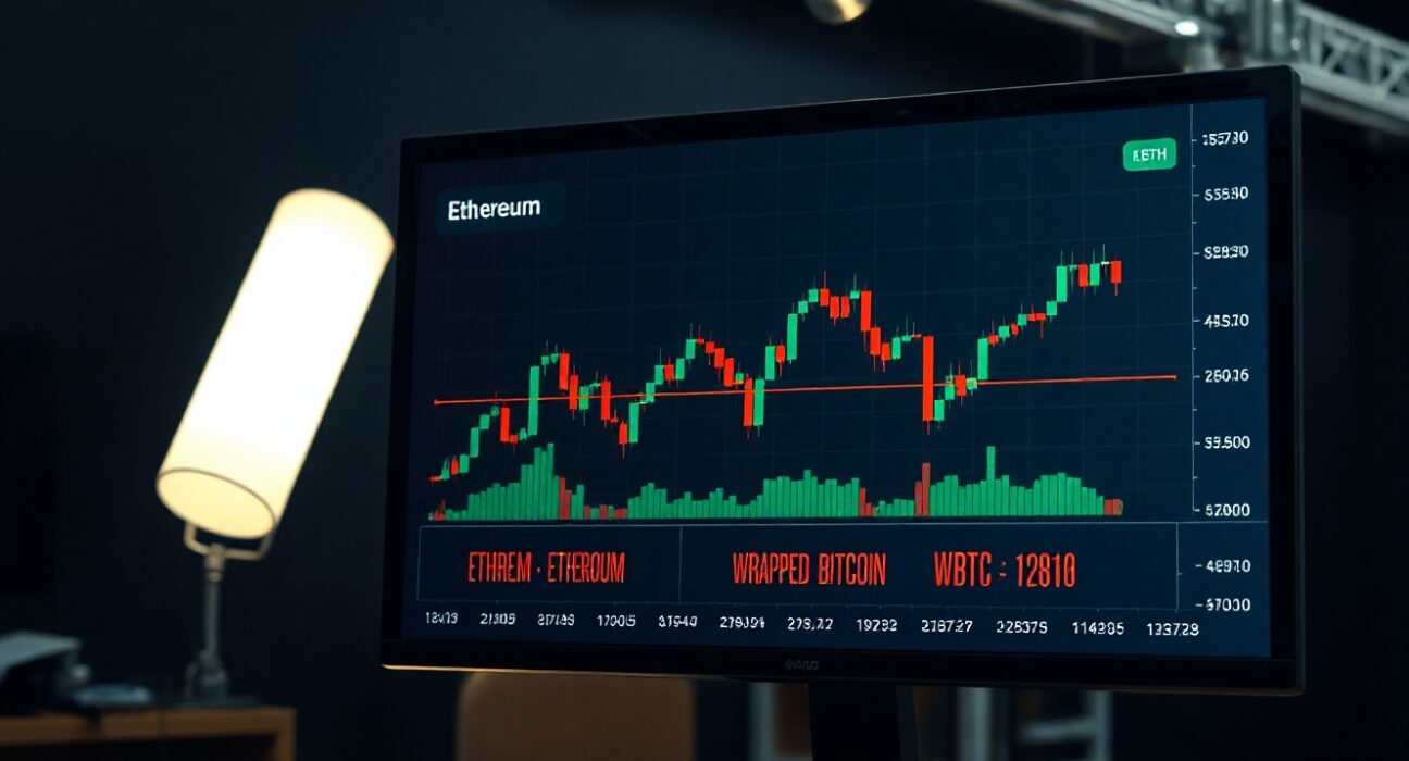 Cryptocurrency trading dashboard showing ETH and WBTC charts with upward trend