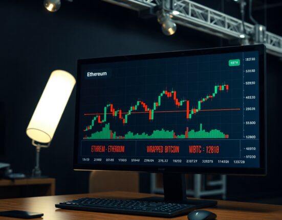 Cryptocurrency trading dashboard showing ETH and WBTC charts with upward trend