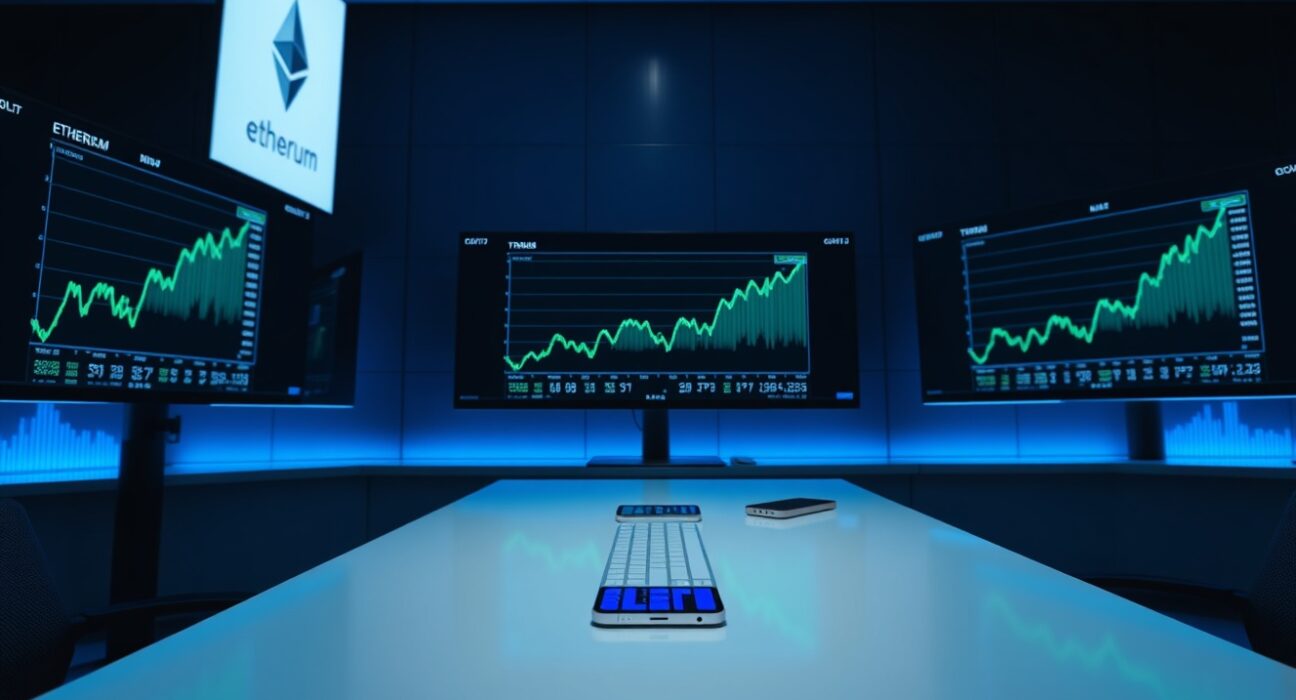 Cryptocurrency trading monitors displaying Ethereum and Bitcoin price charts in a professional financial setting.