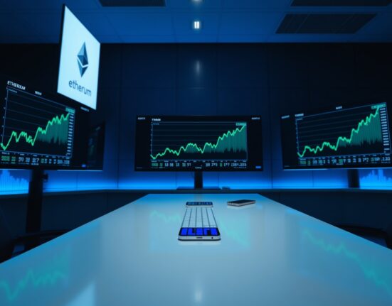 Cryptocurrency trading monitors displaying Ethereum and Bitcoin price charts in a professional financial setting.