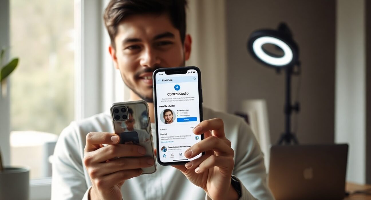 Content creator using Facebook's new AI companion app on a smartphone in a home studio setting