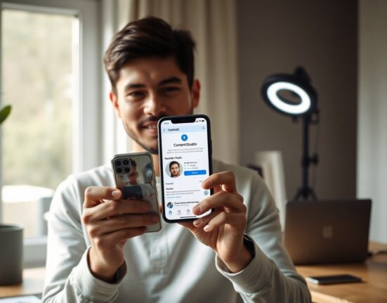 Content creator using Facebook's new AI companion app on a smartphone in a home studio setting