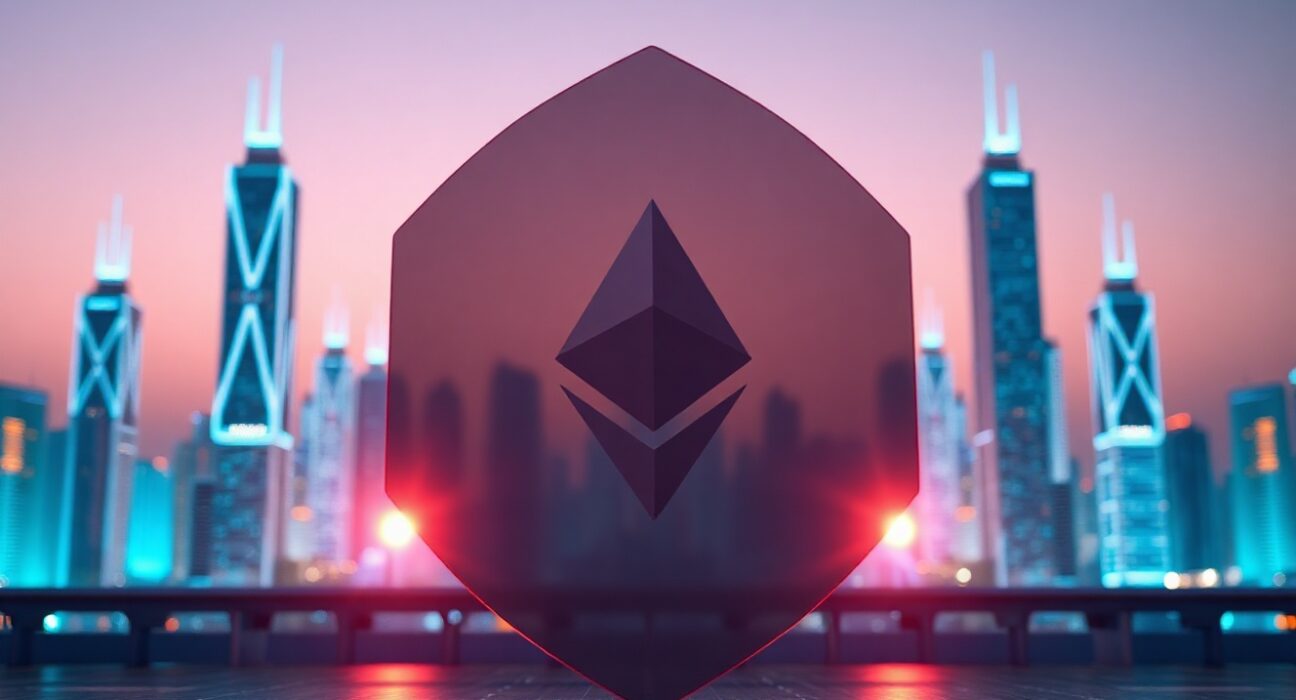 Conceptual digital illustration of Ethereum network with privacy shield symbol representing zero-knowledge proof technology