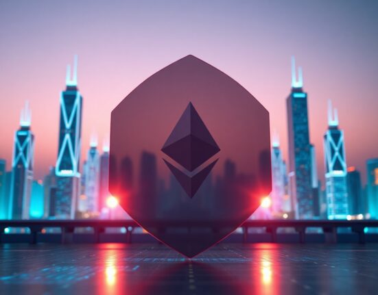 Conceptual digital illustration of Ethereum network with privacy shield symbol representing zero-knowledge proof technology
