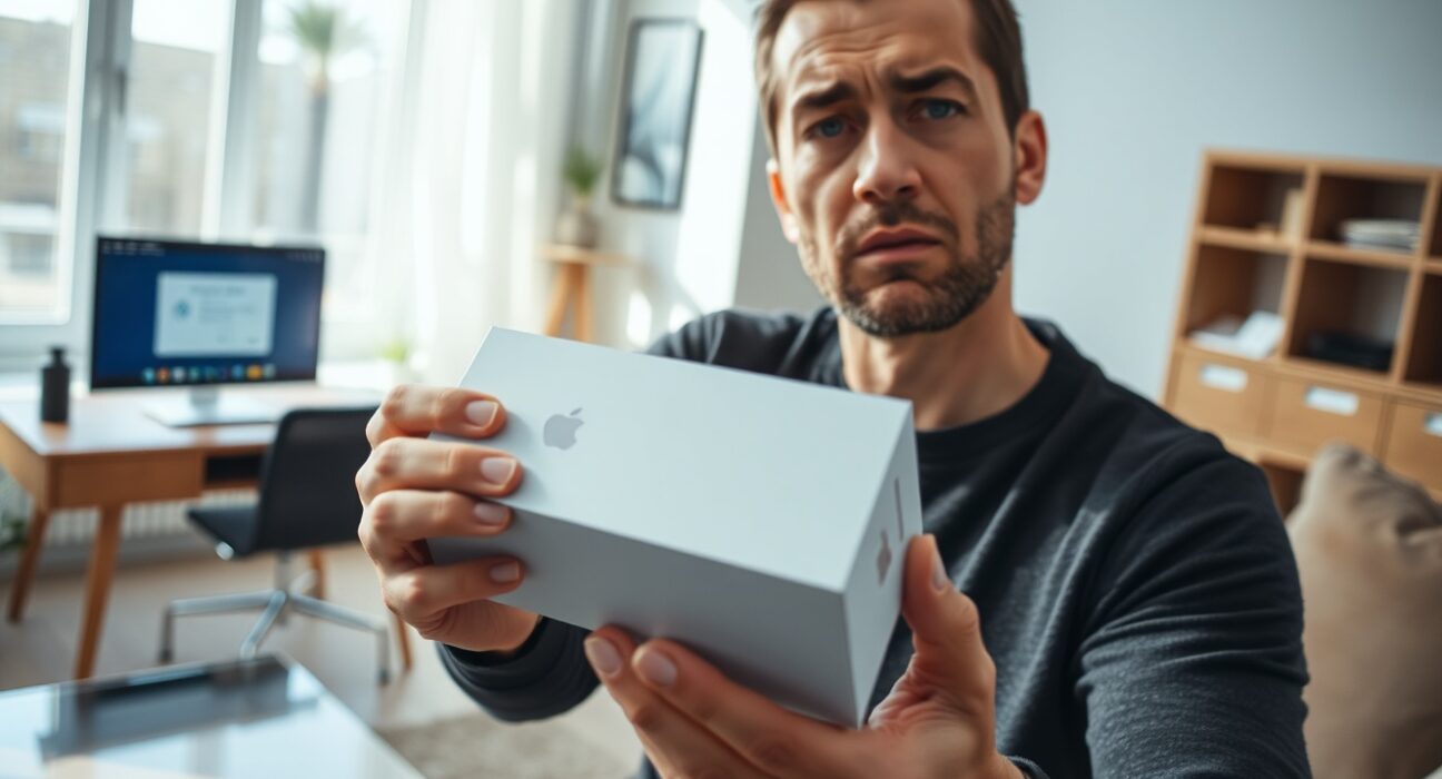 Person holding a smartphone box with a concerned expression in a modern living room.