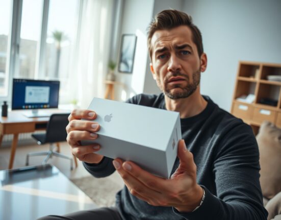 Person holding a smartphone box with a concerned expression in a modern living room.
