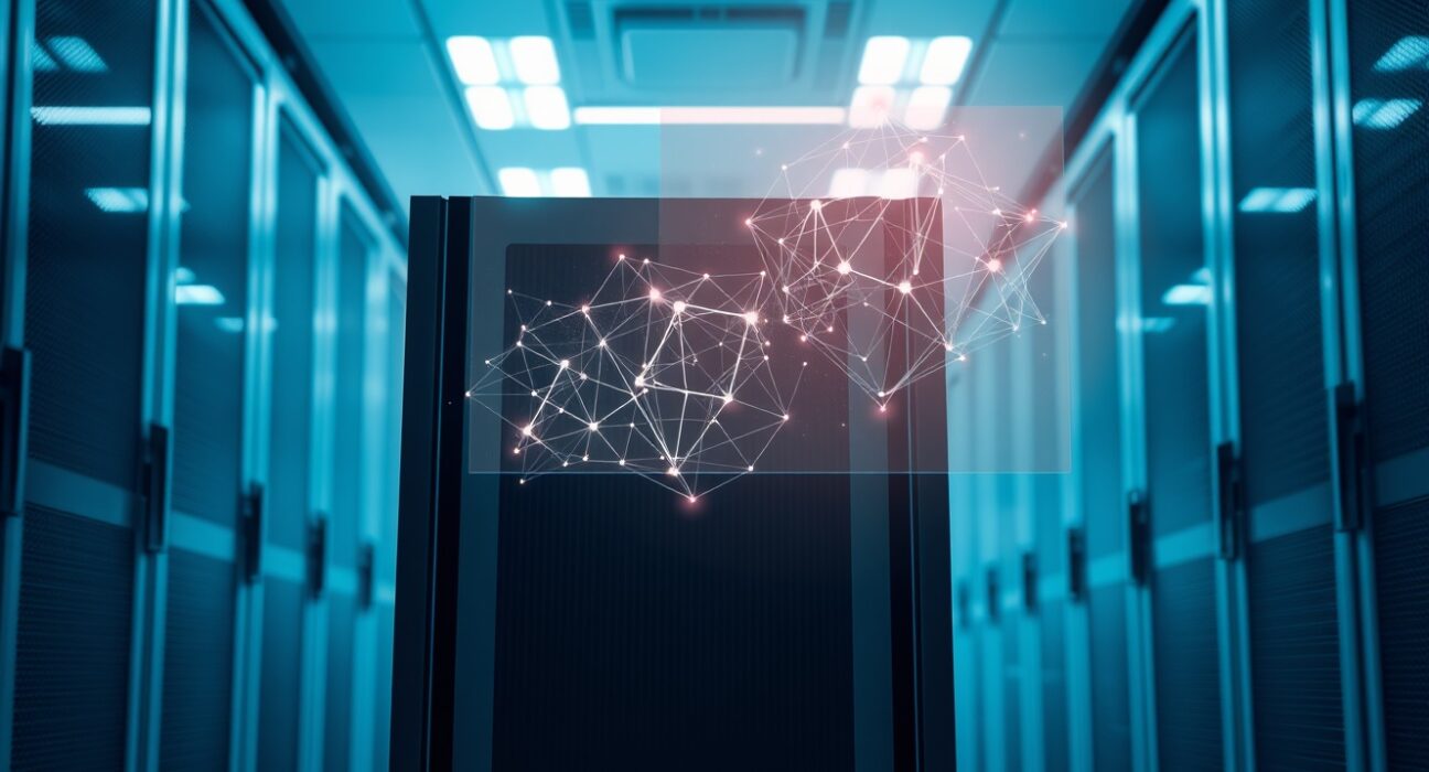 Enterprise AI server with neural network visualization representing Factory's $1.5B valuation for coding tools