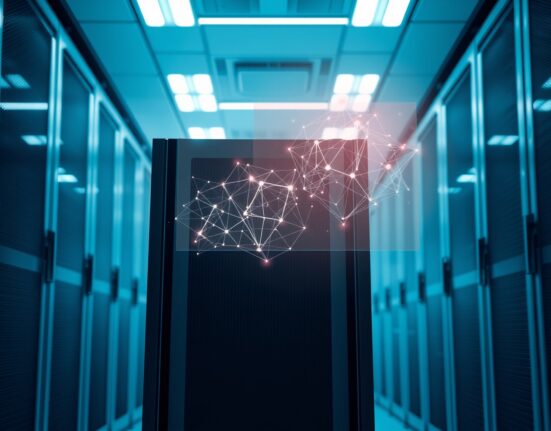 Enterprise AI server with neural network visualization representing Factory's $1.5B valuation for coding tools