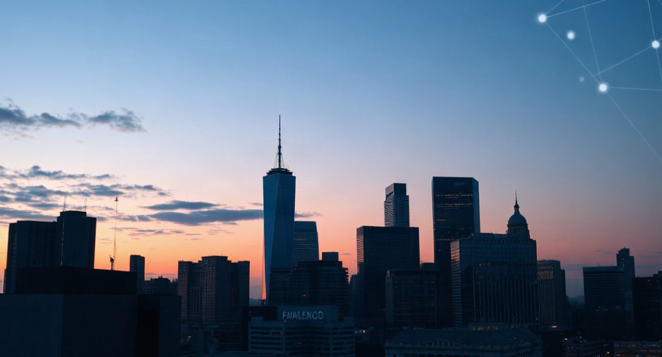 Financial district skyline with digital network overlay representing tokenized stock market infrastructure
