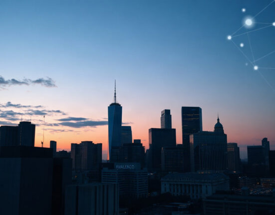 Financial district skyline with digital network overlay representing tokenized stock market infrastructure