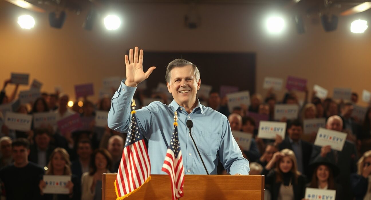 A candidate celebrating primary election victory at a campaign event with supporters in background