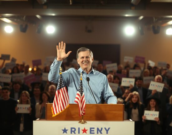 A candidate celebrating primary election victory at a campaign event with supporters in background