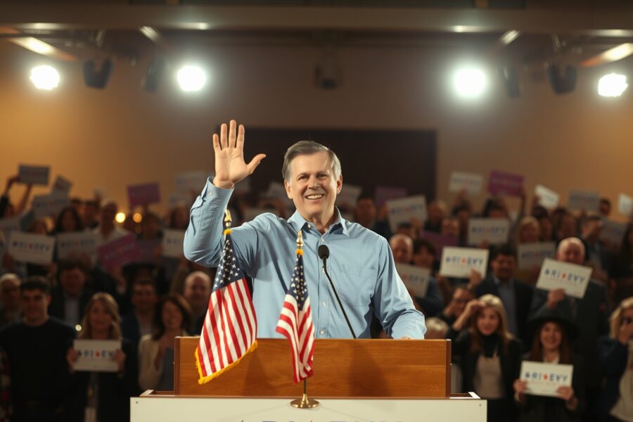 A candidate celebrating primary election victory at a campaign event with supporters in background