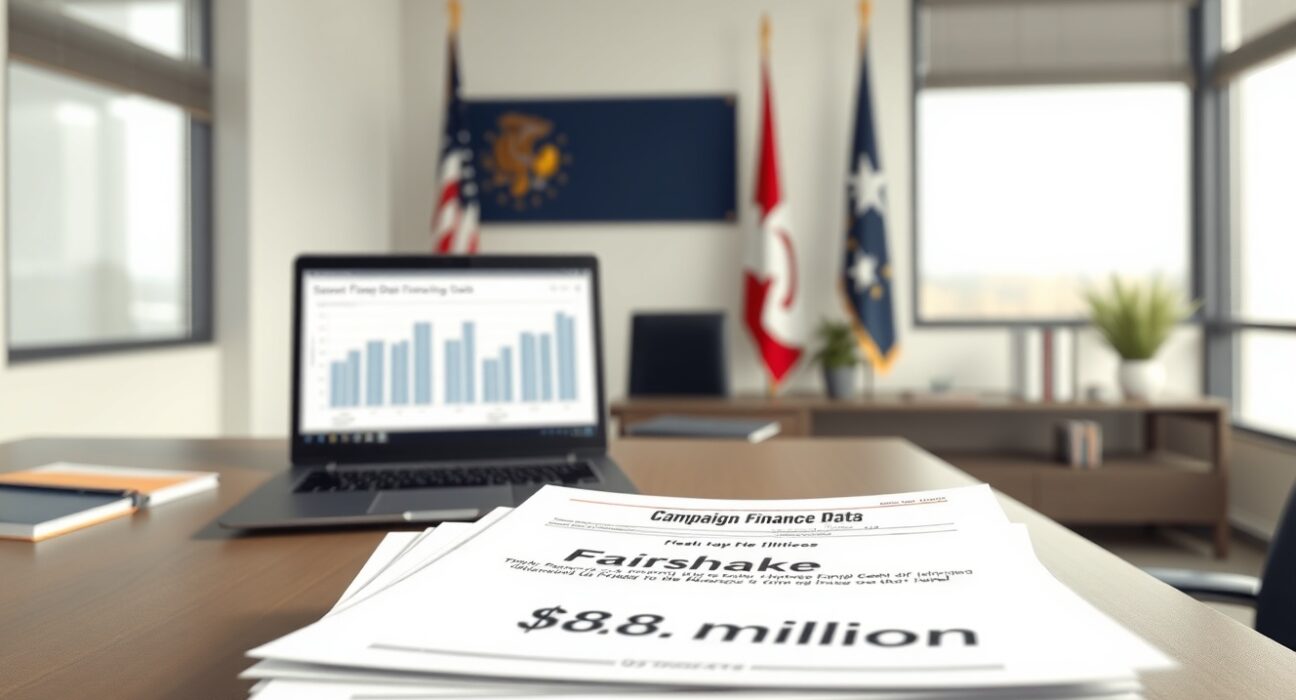 Fairshake Super PAC's $8.6 million Illinois election funding shown through FEC documents on a desk.