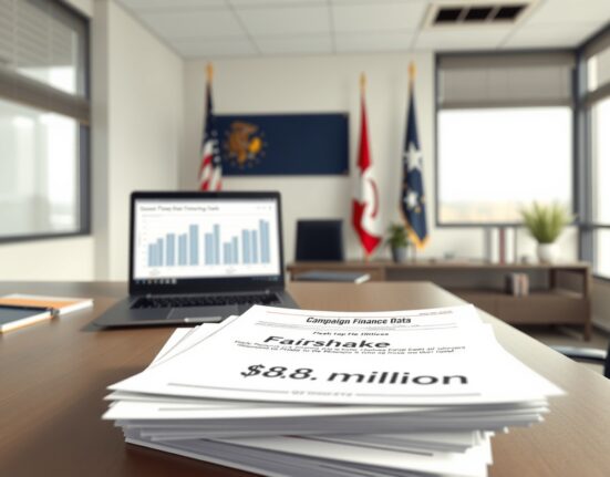 Fairshake Super PAC's $8.6 million Illinois election funding shown through FEC documents on a desk.