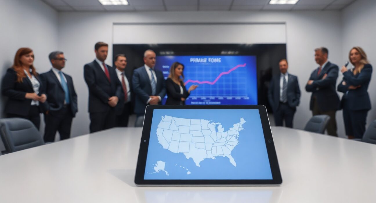 Fairshake campaign war room with strategists and digital map of US primary wins.