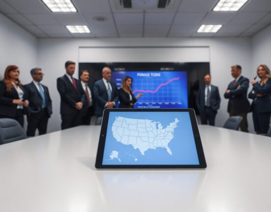 Fairshake campaign war room with strategists and digital map of US primary wins.