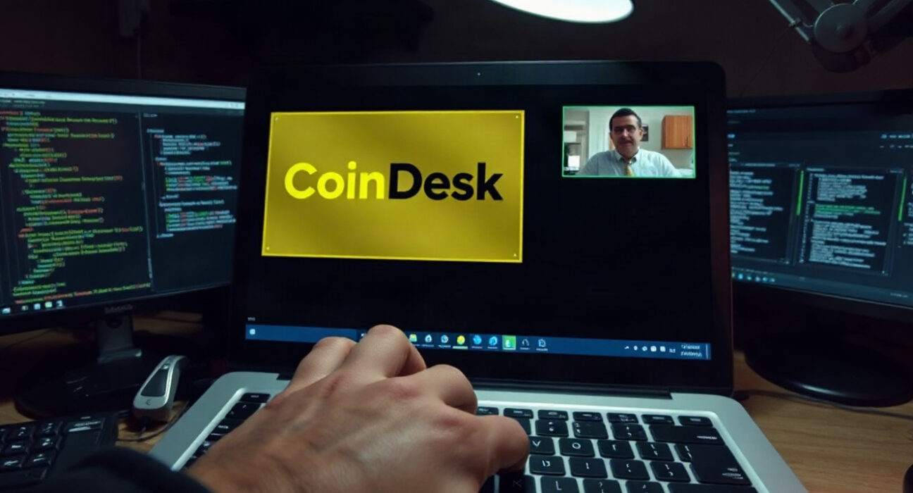Laptop screen showing a fake crypto conference call with a hacker impersonating a CoinDesk executive